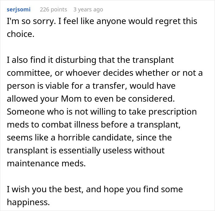 Reddit comment expressing sympathy and concern for a kidney donor who paid a costly price. Reddit comment expressing sympathy and concern for a kidney donor who paid a costly price.