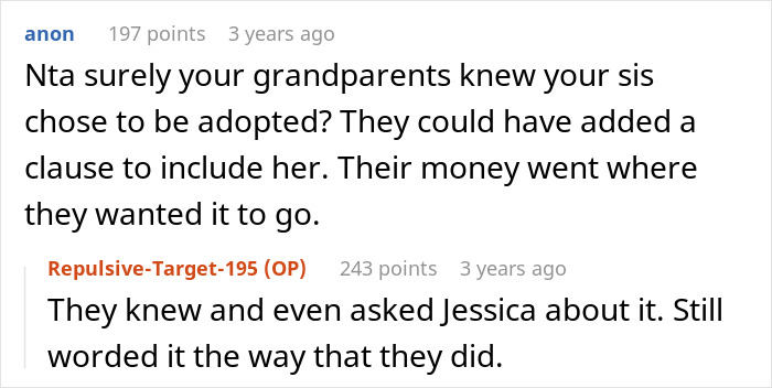 A comment section discussing a woman adopted by her stepmom and a brother refusing inheritance. A comment section discussing a woman adopted by her stepmom and a brother refusing inheritance.