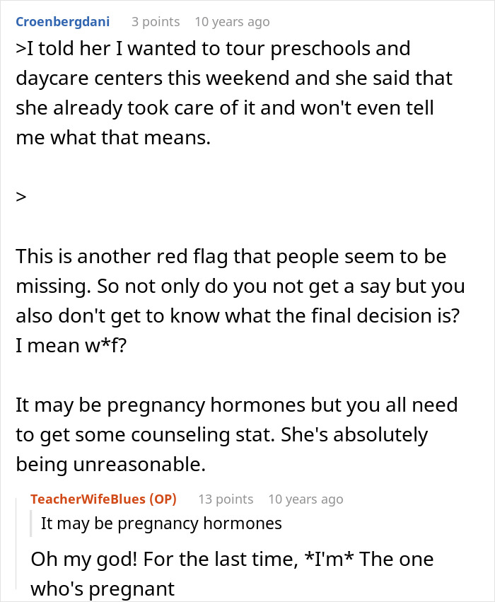 A Reddit screenshot showing a user pointing out red flags regarding a wife's control over a kid's education and decisions.