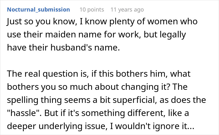 An awkwardly shared comment about women using maiden names for work, offering unasked advice. An awkwardly shared comment about women using maiden names for work, offering unasked advice.