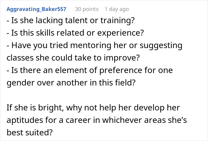 A comment questioning if the child lacks talent or experience after dad got kids internships. A comment questioning if the child lacks talent or experience after dad got kids internships.