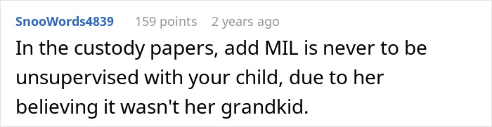 A Reddit comment recommending adding a clause to custody papers about the MIL's unsupervised contact after the woman leaves her son. A Reddit comment recommending adding a clause to custody papers about the MIL's unsupervised contact after the woman leaves her son.