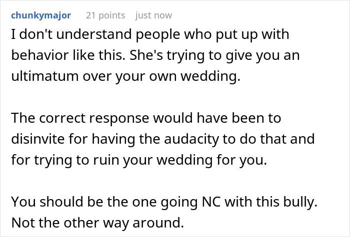 A Reddit comment advising the bride to disinvite her mom for trying to ruin her wedding by dictating who walks her down the aisle.
