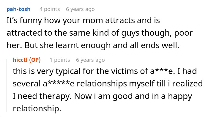 A comment about a mom attracting entitled boyfriends, reflecting on the son's experience. A comment about a mom attracting entitled boyfriends, reflecting on the son's experience.