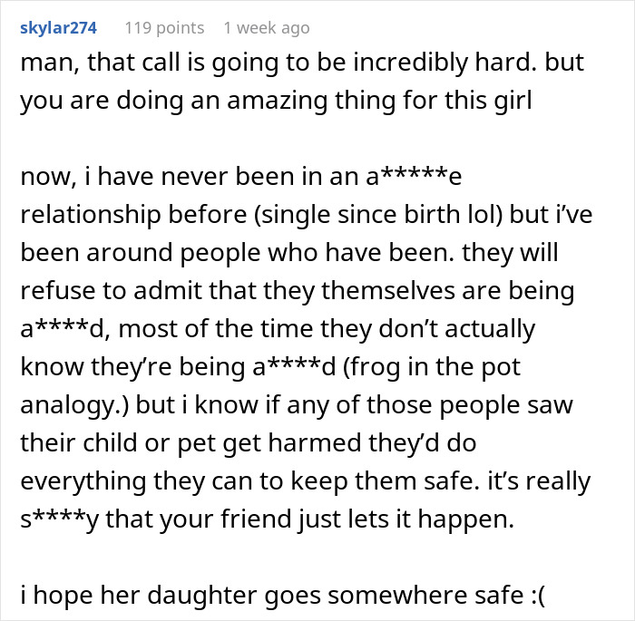 A social media comment from skylar274 about helping a friend's daughter and the friend suffering. A social media comment from skylar274 about helping a friend's daughter and the friend suffering.