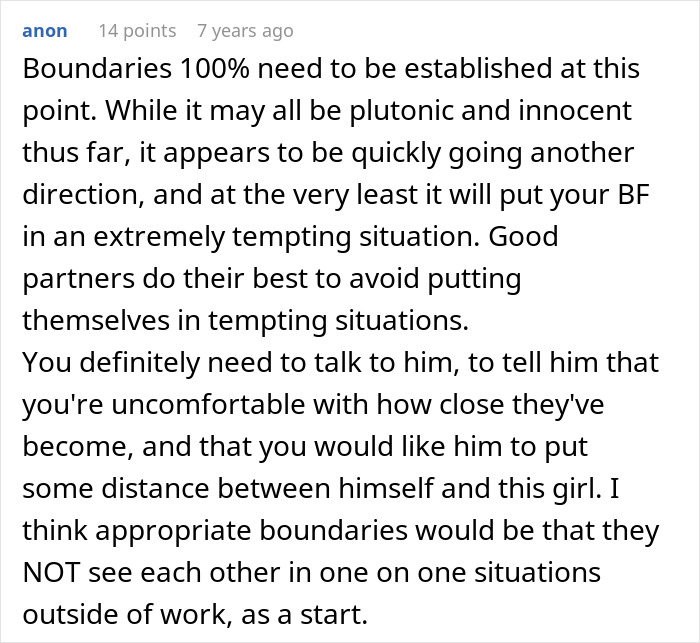 A comment emphasizing boundaries when a BF has female friends and a coworker takes up his time.