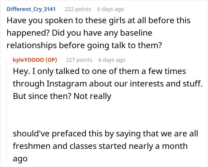 A user asks if a guy had a prior relationship with female classmates before joining them, addressing why he felt intruded upon. A user asks if a guy had a prior relationship with female classmates before joining them, addressing why he felt intruded upon.