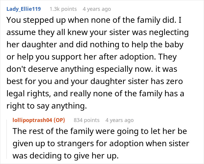 Screenshot of a comment discussing the sister's baby adoption and family support for the woman. Screenshot of a comment discussing the sister's baby adoption and family support for the woman.