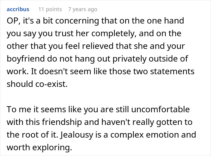 A comment questioning the GF's trust in her BF having female friends, suggesting underlying jealousy.