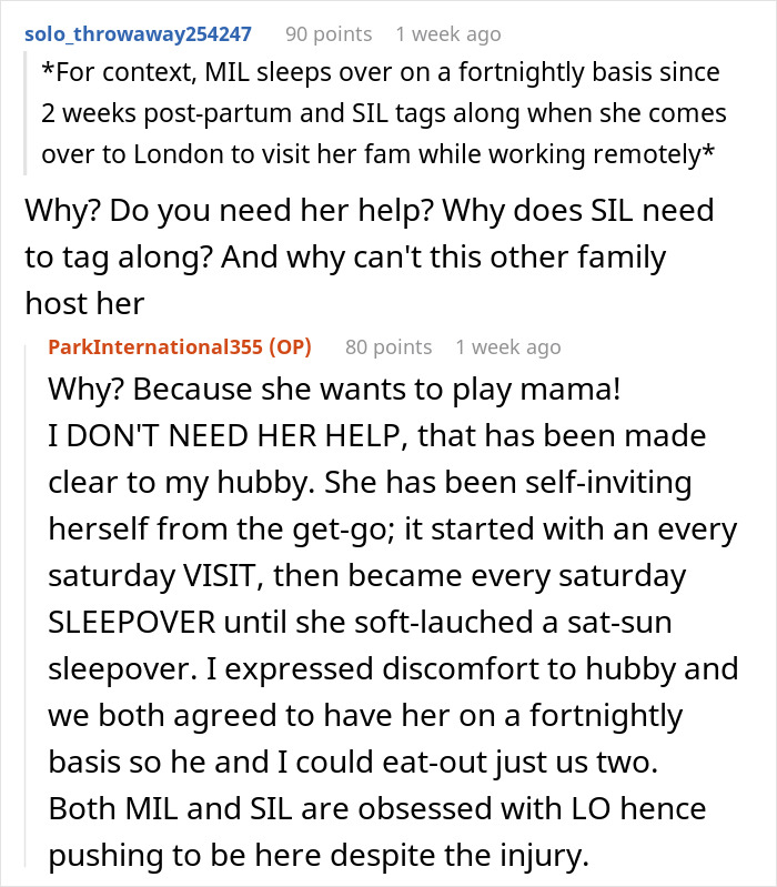 Reddit thread: user ParkInternational355 explains MIL and SIL's self-inviting visits, impacting marital bed decisions.