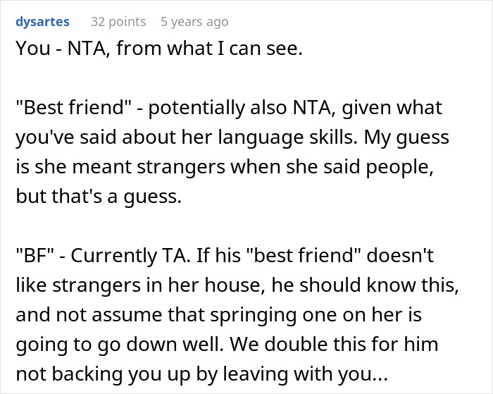 A screenshot of a comment giving an opinion on a party host's reaction and the boyfriend's behavior.
