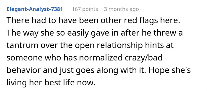 A comment observes red flags and normalized bad behavior in a woman who gave in after her partner's open relationship tantrum. A comment observes red flags and normalized bad behavior in a woman who gave in after her partner's open relationship tantrum.