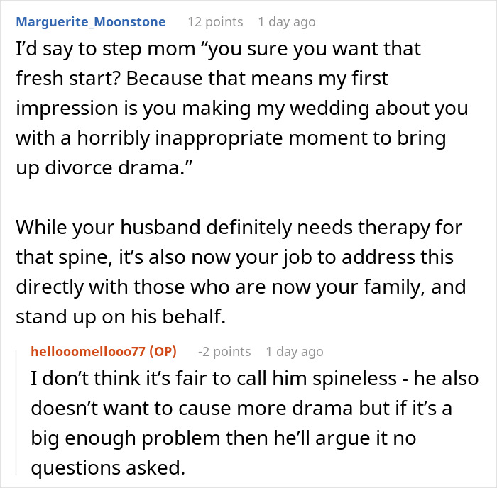 A Reddit comment suggesting how to confront a stepmom about inappropriate behavior after stealing a husband. A Reddit comment suggesting how to confront a stepmom about inappropriate behavior after stealing a husband.