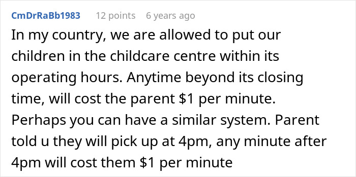 A Reddit comment suggesting a childcare system where an entitled parent pays $1 per minute for being late.