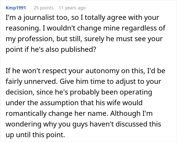 An awkward comment from a journalist agreeing with reasoning on a name change, when people shared too much. An awkward comment from a journalist agreeing with reasoning on a name change, when people shared too much.