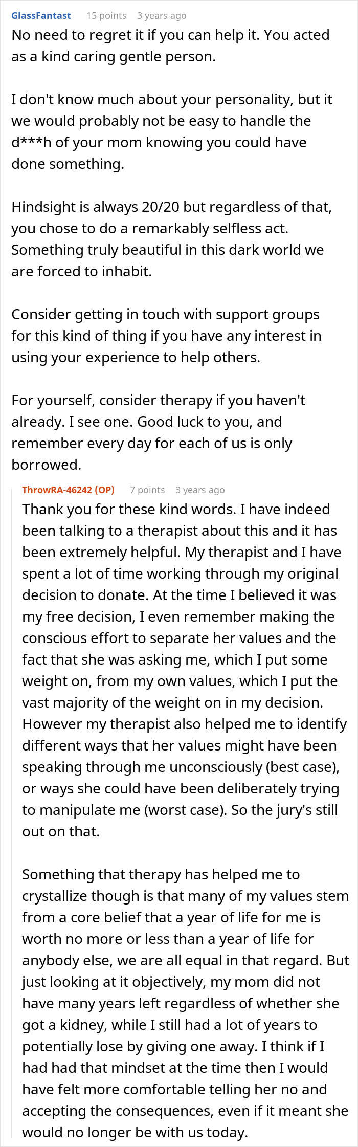 A Reddit comment section about the costly price and emotional toll of a kidney donation to a sick mom. A Reddit comment section about the costly price and emotional toll of a kidney donation to a sick mom.