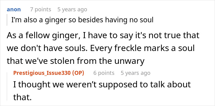 A Reddit thread discussing a ginger person's soul in relation to a rude neighbor's antenna. A Reddit thread discussing a ginger person's soul in relation to a rude neighbor's antenna.