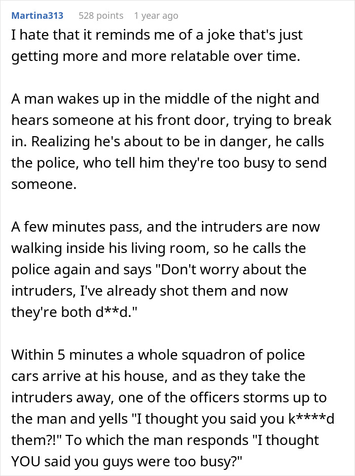 A story about a man fearing for his life from a new neighbor's eerie behavior and calling the cops.