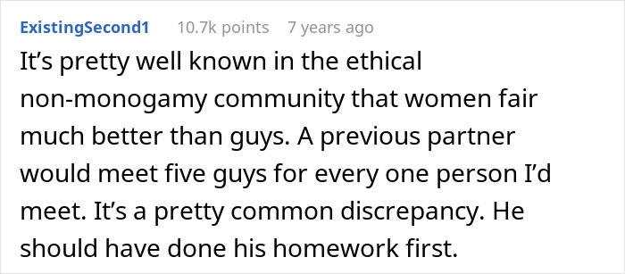 A comment about open relationship dynamics, stating women often fare better than men. A comment about open relationship dynamics, stating women often fare better than men.