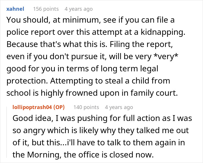 A screenshot showing user advice on reporting a sister's attempted baby kidnapping and the OP's response. A screenshot showing user advice on reporting a sister's attempted baby kidnapping and the OP's response.