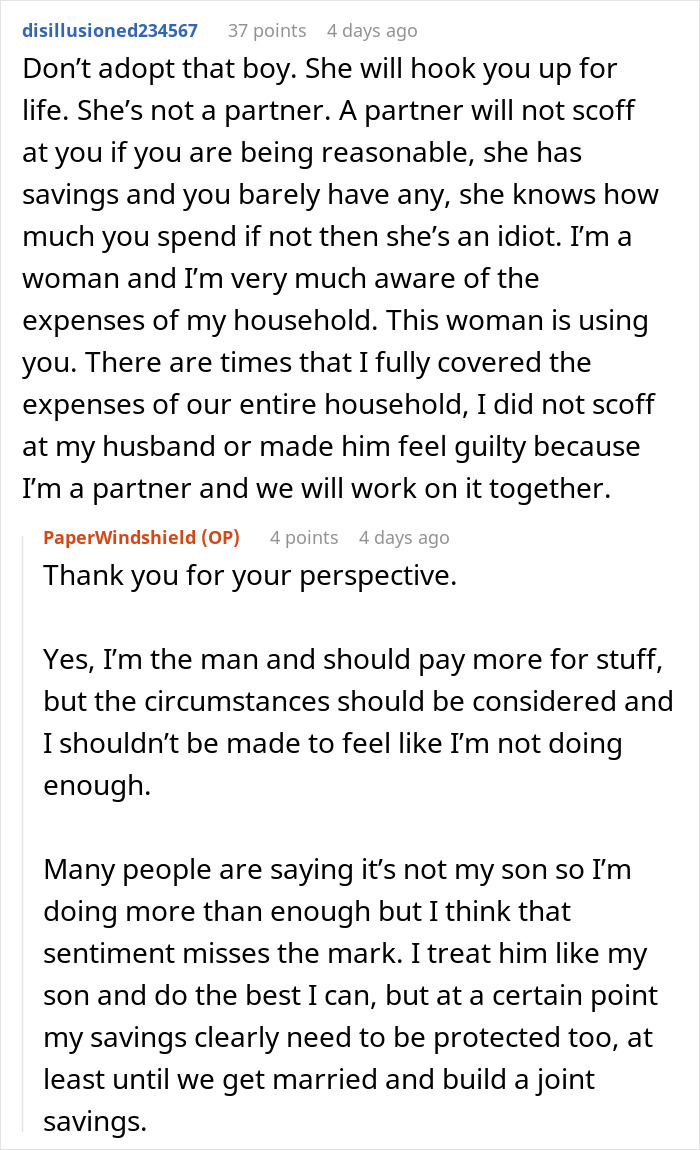 A screenshot from Reddit shows a user commenting on a guy paying for dinners, bills, and gas, and his girlfriend wanting him to split her son's sports fees. A screenshot from Reddit shows a user commenting on a guy paying for dinners, bills, and gas, and his girlfriend wanting him to split her son's sports fees.