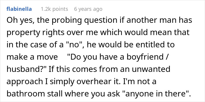 A screenshot of a Reddit comment criticizing a coworker asking if a woman is married or single as a probing question.