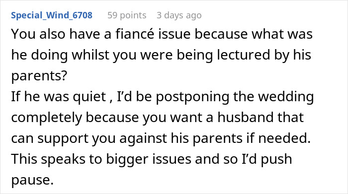 Online comment suggesting a Christian woman postpone her wedding reception due to the fiancé's lack of support against his parents' marriage advice. Online comment suggesting a Christian woman postpone her wedding reception due to the fiancé's lack of support against his parents' marriage advice.