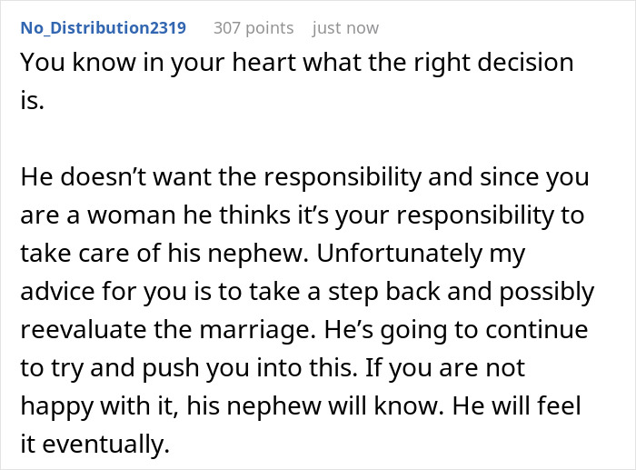 Online comment advising a wife about her husband's expectation for her to be the primary caregiver for his orphaned nephew. Online comment advising a wife about her husband's expectation for her to be the primary caregiver for his orphaned nephew.
