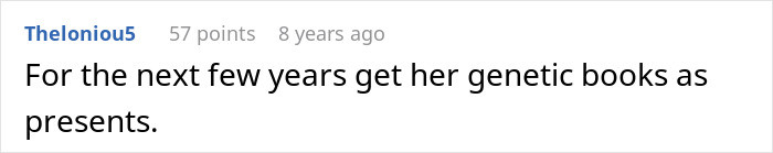 A comment suggests giving a MIL genetic books as presents in response to outrageous accusations after giving birth.