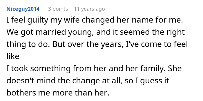A comment on the awkward times people shared too much, with a person feeling guilty about their wife changing her name. A comment on the awkward times people shared too much, with a person feeling guilty about their wife changing her name.