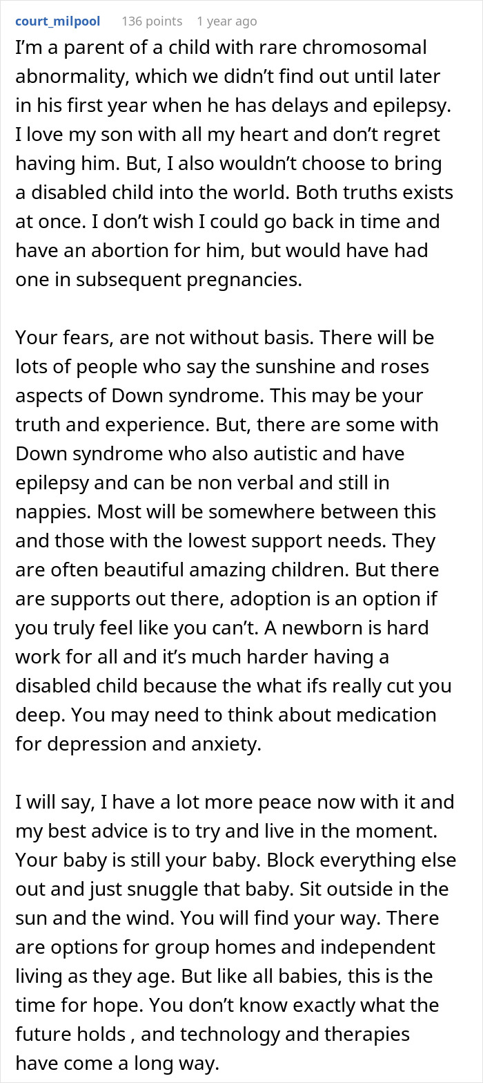 A Reddit comment from a mom of a child with rare chromosomal abnormality discussing having a baby with Down syndrome.