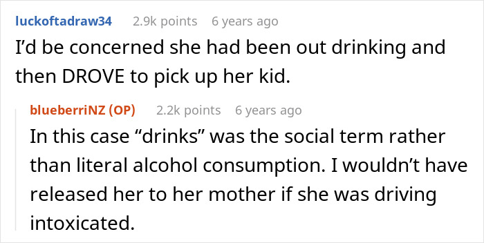 Entitled parent late: User comment concerned about parent drinking and driving, with OP clarifying 'drinks' was social.