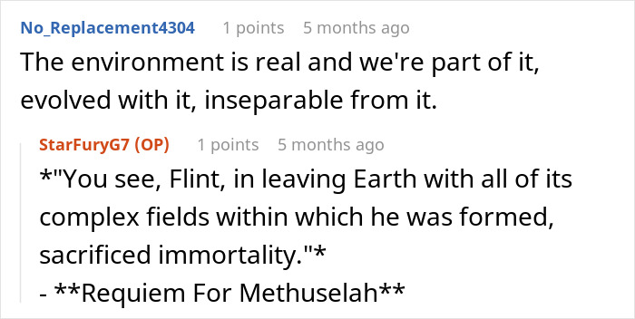 A Reddit comment discussing the environment and how life on Earth is unbelievable for an astronaut.
