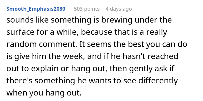A Reddit comment suggesting a bestie pulling away after a woman's divorce indicates something brewing; advising to give him time then ask. A Reddit comment suggesting a bestie pulling away after a woman's divorce indicates something brewing; advising to give him time then ask.