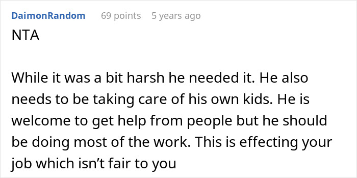 A screenshot of a comment from DaimonRandom about a grieving guy treating WFH job like babysitting service. A screenshot of a comment from DaimonRandom about a grieving guy treating WFH job like babysitting service.