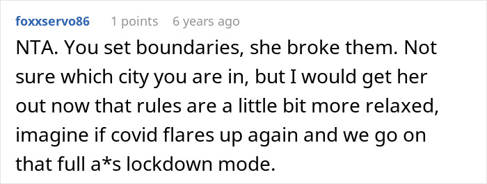 A Reddit comment states the woman broke boundaries and suggests getting her out of the house.