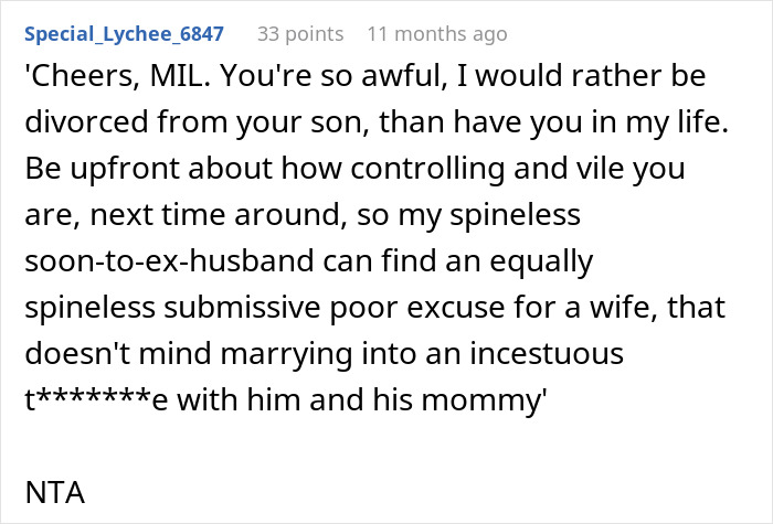 A comment expressing a woman's wish to divorce her husband due to his mom's control over their marriage. A comment expressing a woman's wish to divorce her husband due to his mom's control over their marriage.