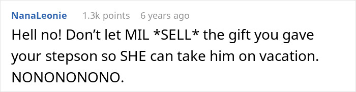 A comment advises against letting the grandmother sell the stepson's gift to buy his love with gifts.