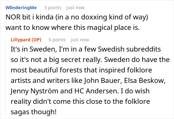 Reddit comment from WOnderingMe, asking about a location mentioned in the story, followed by Lillypard's response about Sweden. Reddit comment from WOnderingMe, asking about a location mentioned in the story, followed by Lillypard's response about Sweden.