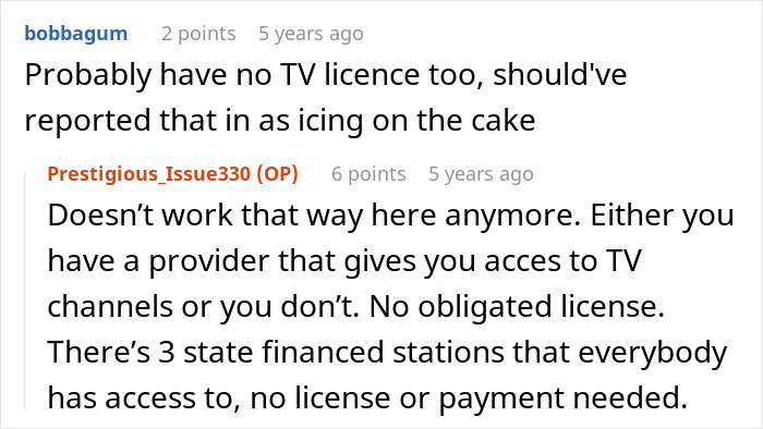 A screenshot showing comments about a rude neighbor and their illegal antenna, discussing TV licenses. A screenshot showing comments about a rude neighbor and their illegal antenna, discussing TV licenses.