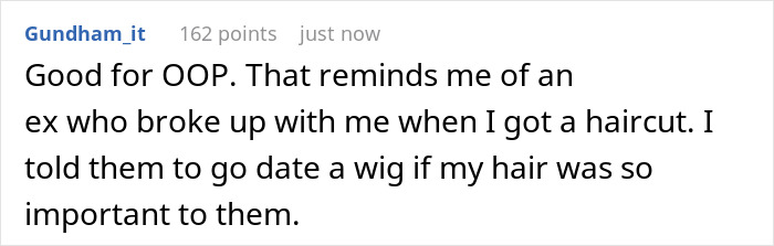 A comment from a user about an ex who broke up with them over a haircut, relating to GF changing hair color.