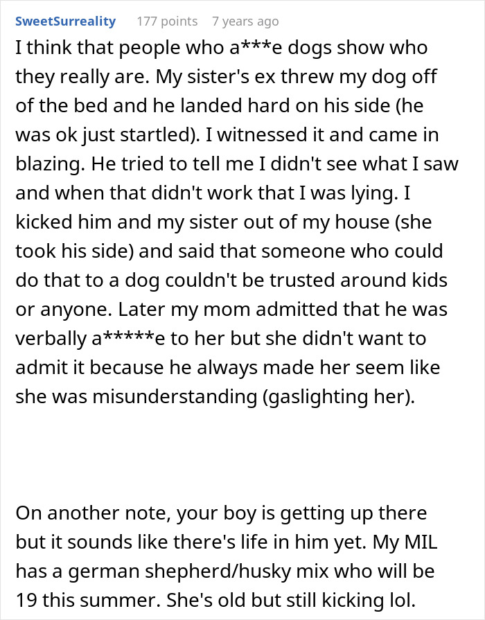 A screenshot of a Reddit comment discussing MIL's demanding grandchildren and the kicking of a senior dog. A screenshot of a Reddit comment discussing MIL's demanding grandchildren and the kicking of a senior dog.