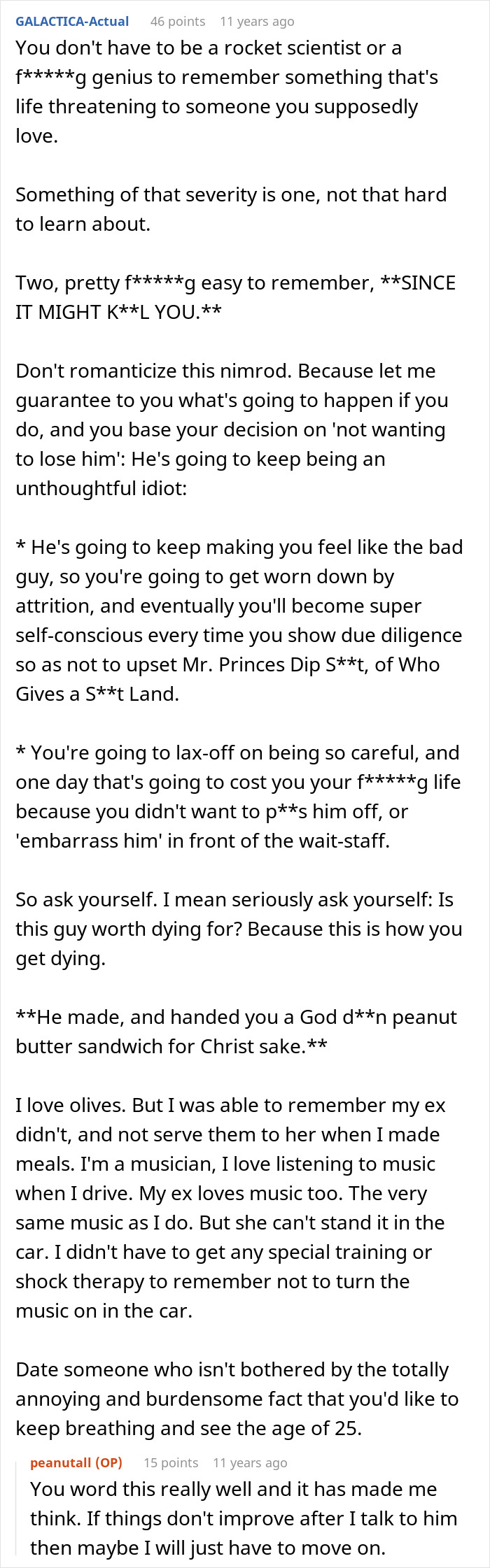 A Reddit comment on a boyfriend forgetting a life-threatening allergy and the importance of remembering for his girlfriend's safety. A Reddit comment on a boyfriend forgetting a life-threatening allergy and the importance of remembering for his girlfriend's safety.