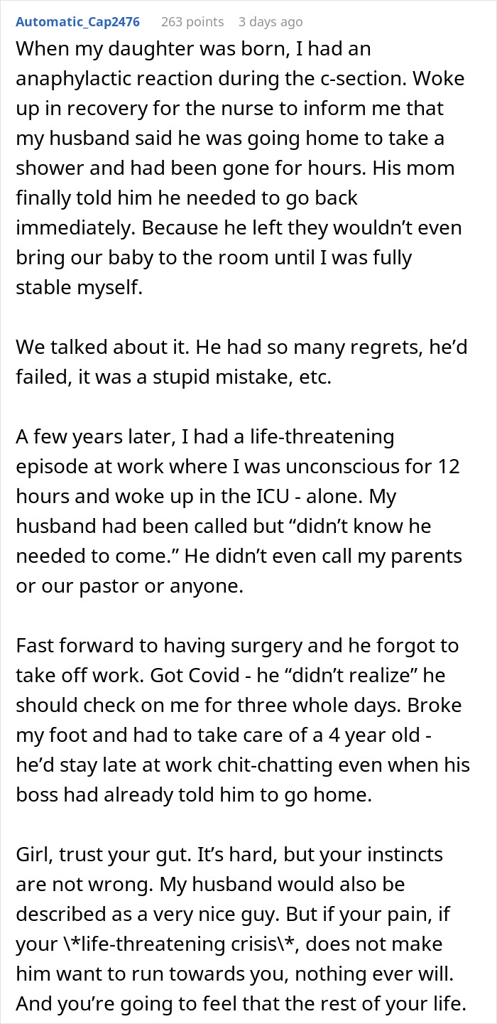 A screenshot of a long Reddit comment detailing multiple instances of a husband's neglect during medical emergencies. A screenshot of a long Reddit comment detailing multiple instances of a husband's neglect during medical emergencies.