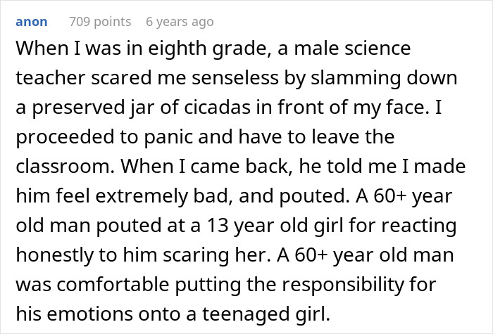 A screenshot of a Reddit comment describing a male science teacher scaring a student; relates to a coworker asking if shes married or single.