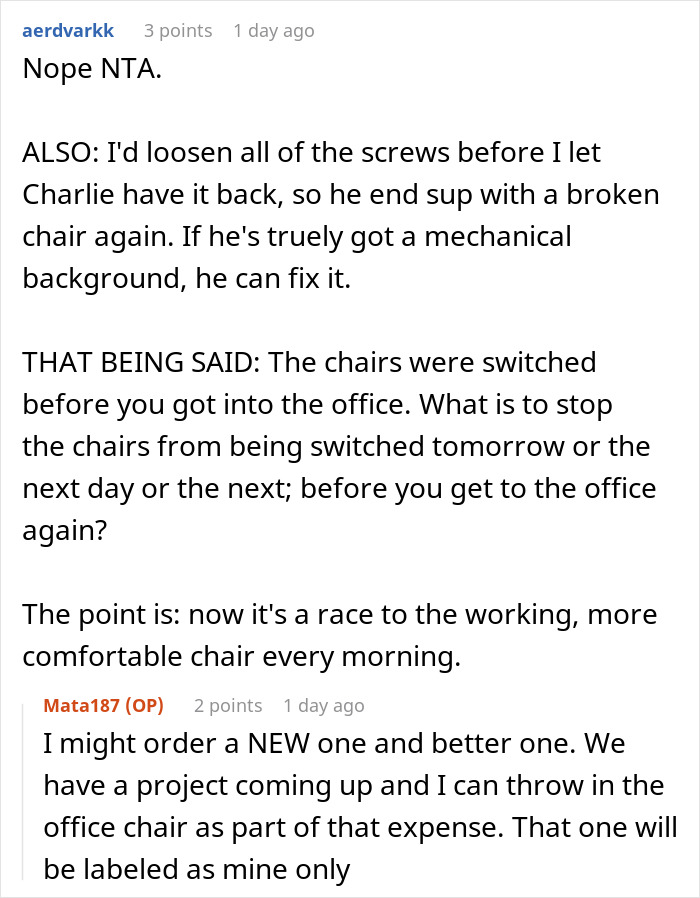 Worker Swaps Chairs Behind Colleague’s Back As His One Is Broken, Wants It Back After Getting Fixed Worker Swaps Chairs Behind Colleague’s Back As His One Is Broken, Wants It Back After Getting Fixed