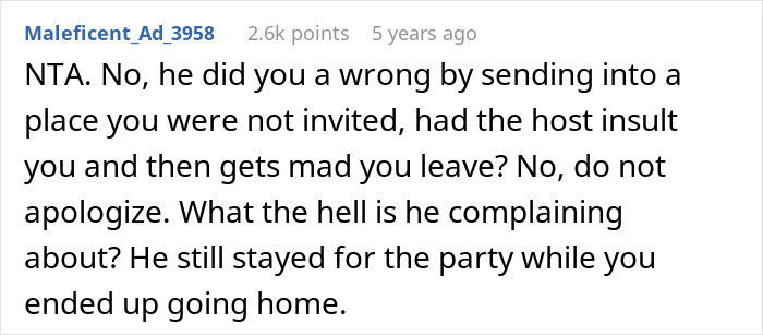 A screenshot of a Reddit comment about a guy who turned around and walked out of a party after the host's reaction.