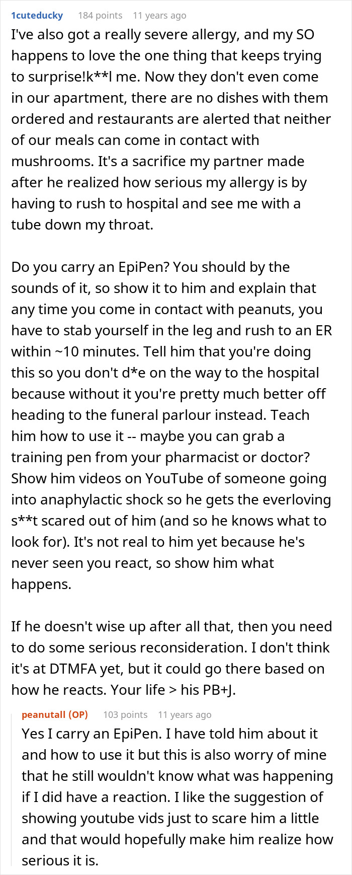 A Reddit comment discussing a severe allergy, a boyfriend's forgetfulness, and the importance of an EpiPen. A Reddit comment discussing a severe allergy, a boyfriend's forgetfulness, and the importance of an EpiPen.