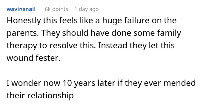 A Reddit comment about parents failing to address a violent fight with sister, impacting the family.