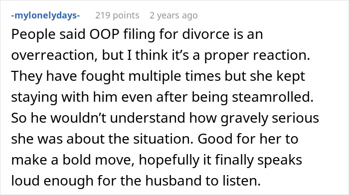 A screenshot of a comment discussing a woman leaving her son due to a MIL's actions, and filing for divorce. A screenshot of a comment discussing a woman leaving her son due to a MIL's actions, and filing for divorce.